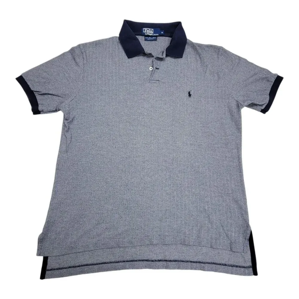 Polo Ralph Lauren Mens Medium Blue Herringbone Pima Cotton Short Sleeve Polo
